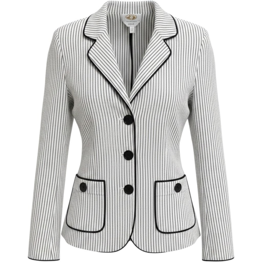 Talbots Womens Pinstripe Blazer Sz 8 White/Black Cotton Stretch Jacket Preppy